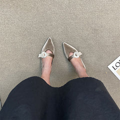 Pointed Toe Suede Rhinestone Buckle Mary Jane Shoes