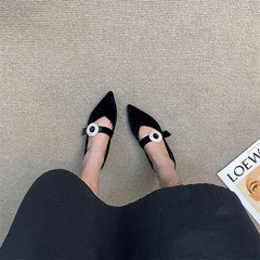 Pointed Toe Suede Rhinestone Buckle Mary Jane Shoes