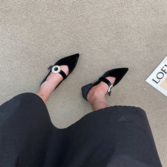 Pointed Toe Suede Rhinestone Buckle Mary Jane Shoes