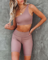 Press One Shoulder Ribbed Sports Bra - Latte