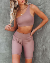 Press One Shoulder Ribbed Sports Bra - Latte