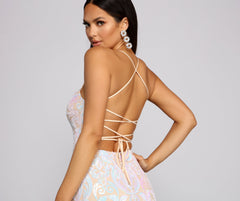 Priya Formal Iridescent Sequin Scroll Dress