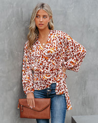 Pumpkin Spice Satin Printed Wrap Blouse