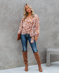 Pumpkin Spice Satin Printed Wrap Blouse