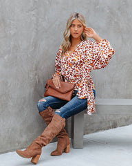 Pumpkin Spice Satin Printed Wrap Blouse