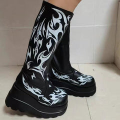 Punk Print Platform Soft Leather Tall Boots