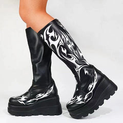 Punk Print Platform Soft Leather Tall Boots
