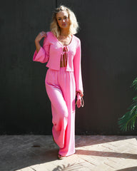 Pushing Limits High Waisted Textured Wide Leg Pants - Pink