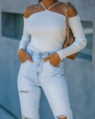 Rana Ribbed Cold Shoulder Knit Top - Off White