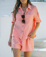 Rayan Cotton Collared Button Down Top - Bright Peach
