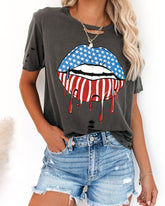 Red, White + Blue Lips Distressed Cotton Tee
