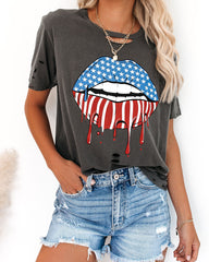 Red, White + Blue Lips Distressed Cotton Tee