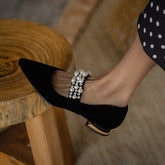 Retro Pearl Pointed Toe Chunky Heel Flats