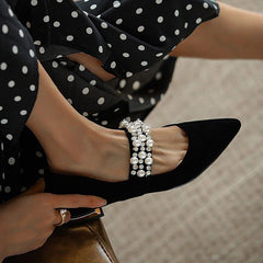Retro Pearl Pointed Toe Chunky Heel Flats