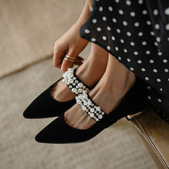 Retro Pearl Pointed Toe Chunky Heel Flats
