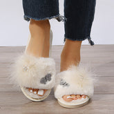 Rhinestone Embrellished Fluffy Flat Slippers