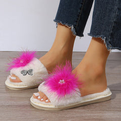 Rhinestone Embrellished Fluffy Flat Slippers