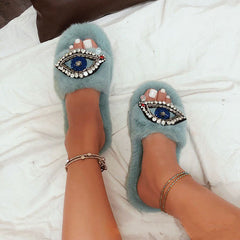 Rhinestone Eye Decor Faux Fur Comfort Slippers