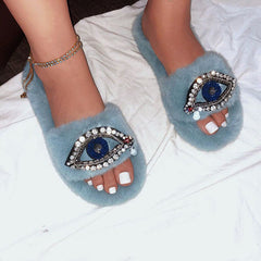 Rhinestone Eye Decor Faux Fur Comfort Slippers