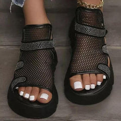 Rhinestone Hollow-Out Velcro Solid Color Platform Sandals