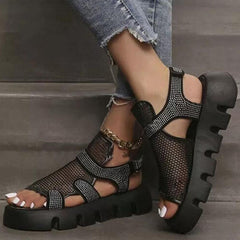 Rhinestone Hollow-Out Velcro Solid Color Platform Sandals