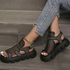 Rhinestone Hollow-Out Velcro Solid Color Platform Sandals