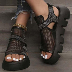 Rhinestone Hollow-Out Velcro Solid Color Platform Sandals