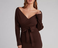 Ribbed Knit Tie-Front Mini Sweater Dress