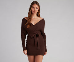 Ribbed Knit Tie-Front Mini Sweater Dress