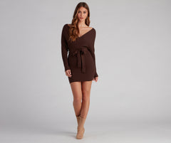 Ribbed Knit Tie-Front Mini Sweater Dress