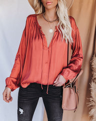 Riker Satin Frayed Blouse - Terracotta