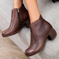 Round Toe Chunky Heeled Solid Color Ankle Boots