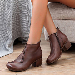 Round Toe Chunky Heeled Solid Color Ankle Boots
