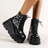 Round Toe Spider Web Print Platform Boots