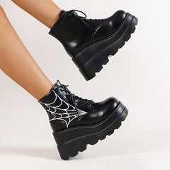 Round Toe Spider Web Print Platform Boots