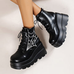 Round Toe Spider Web Print Platform Boots