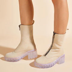 Round Toe Suede Front Zipper Motorcycle Boots