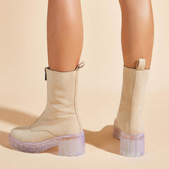 Round Toe Suede Front Zipper Motorcycle Boots