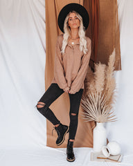 Rowena Cotton Relaxed Henley Top - Light Mocha