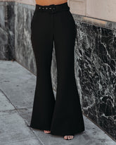 Runway Pocketed Belted Flare Trousers - Black