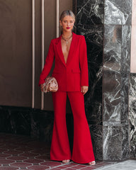 Runway Pocketed Belted Flare Trousers - Red