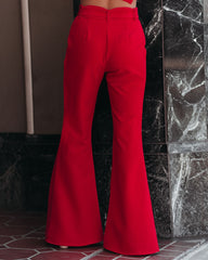 Runway Pocketed Belted Flare Trousers - Red