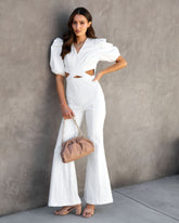 Sarah Denim Puff Sleeve Flare Jumpsuit - White