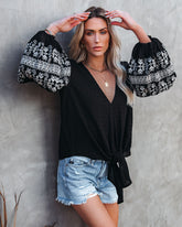 Sav Embroidered Swiss Dot Balloon Sleeve Tie Top