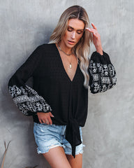 Sav Embroidered Swiss Dot Balloon Sleeve Tie Top