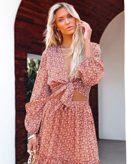 Scenery Printed Tie Front Crop Blouse - Camel