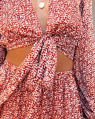 Scenery Printed Tie Front Crop Blouse - Camel