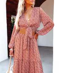 Scenery Printed Tie Front Crop Blouse - Camel