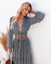 Scenery Printed Tie Front Crop Blouse - Navy