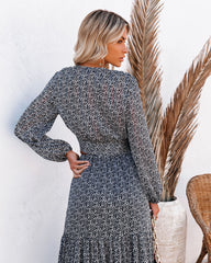 Scenery Printed Tie Front Crop Blouse - Navy